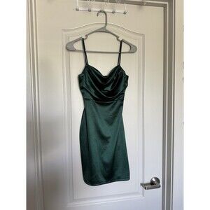 Windsor Green Satin Bodycon Mini Dress M Stretch Cowl Neck Strappy Sleeve